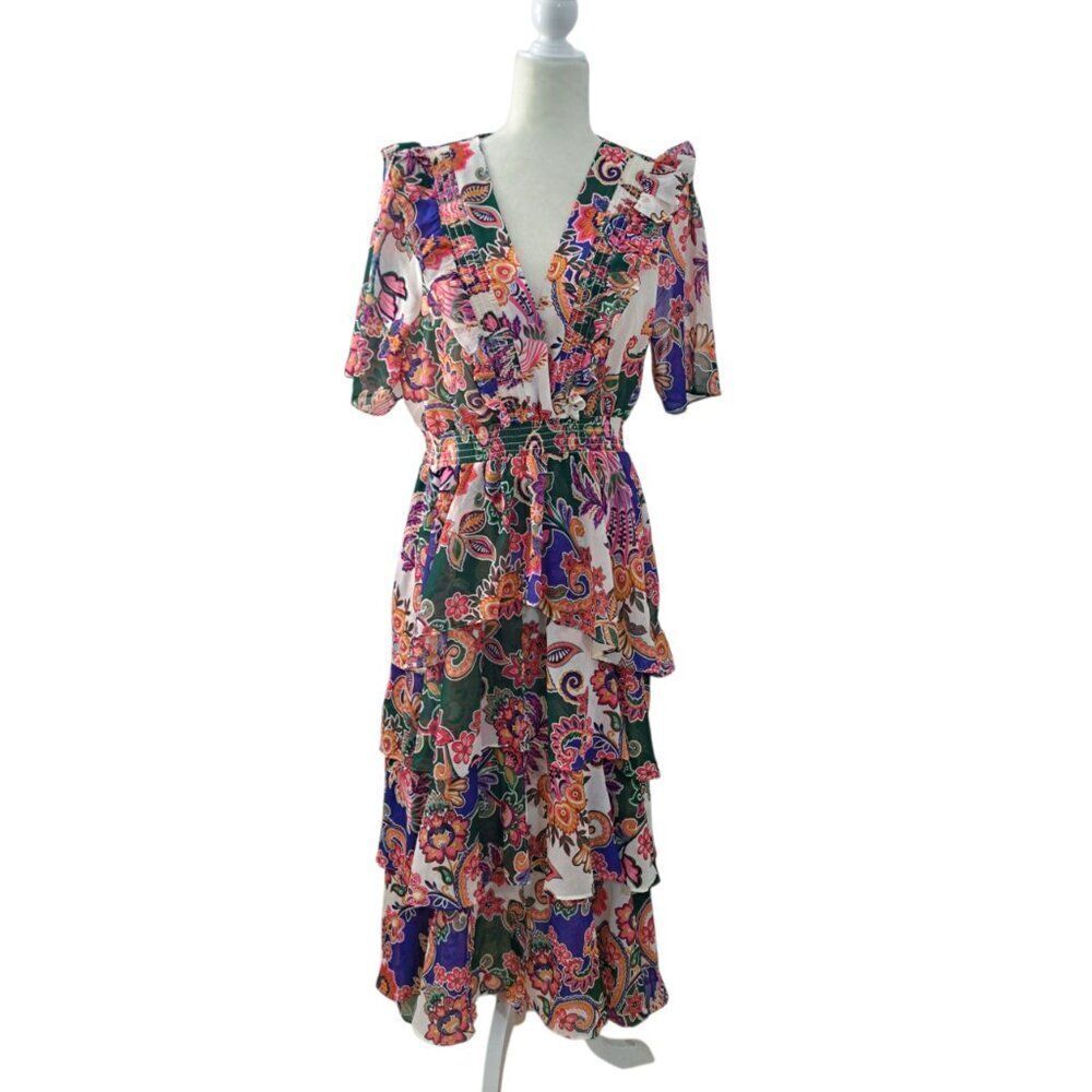 Hale Bob Women's Elsie Tiered Dress Green Red Boho Floral Smocked Waist Sz XL